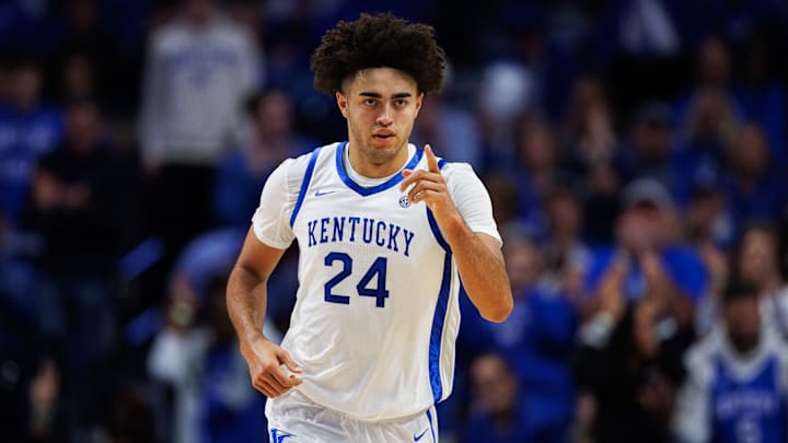 Oct 24, 2025; Lexington, KY, USA; Kentucky Wildcats center Malachi Moreno (24) reacts after scoring a basket during the first half against the Purdue Boilermakers at Rupp Arena at Central Bank Center. Mandatory Credit: Jordan Prather-Imagn Images Oct 24, 2025; Lexington, KY, USA; Kentucky Wildcats center Malachi Moreno (24) reacts after scoring a basket during the first half against the Purdue Boilermakers at Rupp Arena at Central Bank Center. Mandatory Credit: Jordan Prather-Imagn Images