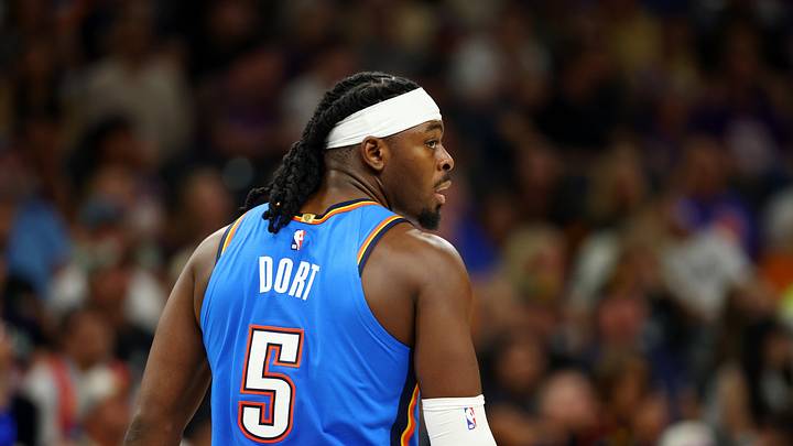 Apr 27, 2026; Phoenix, Arizona, USA; Detailed view of the jersey of Oklahoma City Thunder guard Luguentz Dort (5) against the Phoenix Suns during game four of the first round of the 2026 NBA Playoffs at Mortgage Matchup Center. Mandatory Credit: Mark J. Rebilas-Imagn Images Apr 27, 2026; Phoenix, Arizona, USA; Detailed view of the jersey of Oklahoma City Thunder guard Luguentz Dort (5) against the Phoenix Suns during game four of the first round of the 2026 NBA Playoffs at Mortgage Matchup Center. Mandatory Credit: Mark J. Rebilas-Imagn Images