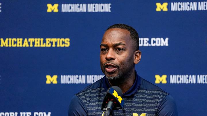 Michigan men’s basketball head coach Mike Boynton Jr. speaks at his introductory press conference at Crisler Center in Ann Arbor on Tuesday, July 28, 2026.
