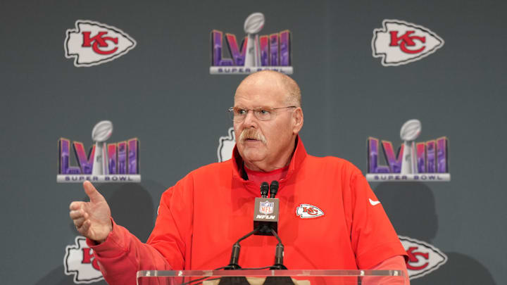 Feb 8, 2024; Las Vegas, NV, USA; Kansas City Chiefs head coach Andy Reid during a press conference before Super Bowl LVIII at Westin Lake Las Vegas Resort and Spa. Mandatory Credit: Kyle Terada-Imagn Images