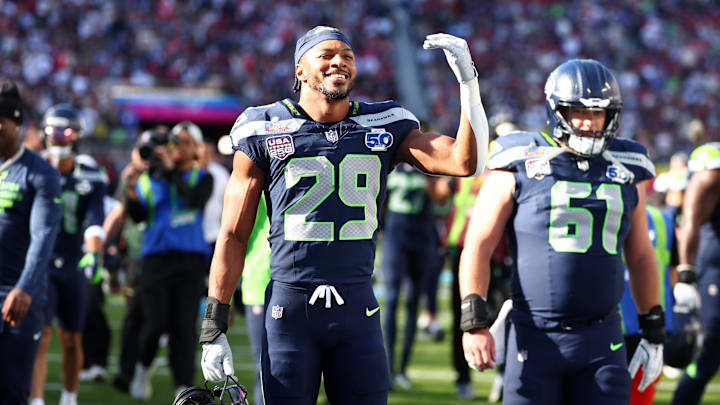 Feb 8, 2026; Santa Clara, CA, USA;  Seattle Seahawks cornerback Josh Jobe (29) looks on before Super Bowl LX against the New England Patriots at Levi's Stadium. Mandatory Credit: Mark J. Rebilas-Imagn Images