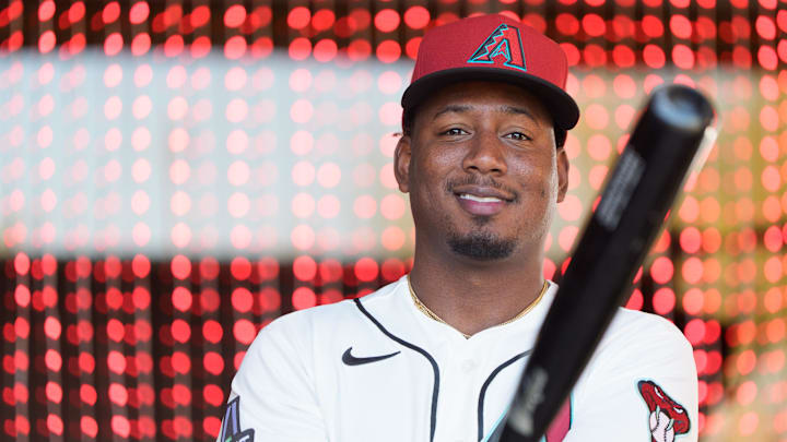 Feb 18, 2026; Scottsdale, AZ, USA; Arizona Diamondbacks infielder Geraldo Perdomo (2) poses for a photo for MLB media day at Salt River Fields at Talking Stick. Mandatory Credit: Allan Henry-Imagn Images