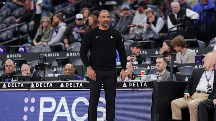 Dec 1, 2025; Salt Lake City, Utah, USA;  Houston Rockets head coach Ime Udoka watches from the sidelines during the second half against the Utah Jazz at Delta Center. Mandatory Credit: Chris Nicoll-Imagn Images