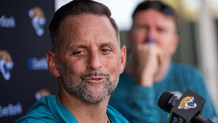 Jacksonville Jaguars Defensive Coordinator Anthony Campanile answers questions after the Jaguars 14th NFL training camp session at Miller Electric Center Tuesday August 12, 2025 in Jacksonville, Fla. The Jaguars travel to New Orleans to play the Saints this Sunday in their second preseason game. [Doug Engle/Florida Times-Union]