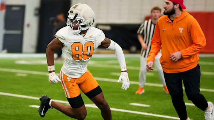 Tennessee wide receiver TK Keys (80) during the Vols' spring football practice in Knoxville on March 17, 2026.
