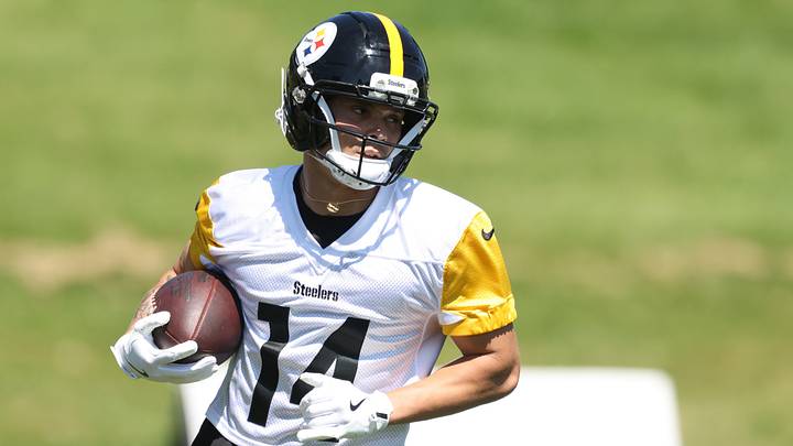 Jul 30, 2026; Latrobe, PA, USA; Pittsburgh Steelers Roman Wilson (14) participates in training camp drills at Saint Vincent College. Mandatory Credit: Charles LeClaire-Imagn Images Jul 30, 2026; Latrobe, PA, USA; Pittsburgh Steelers Roman Wilson (14) participates in training camp drills at Saint Vincent College. Mandatory Credit: Charles LeClaire-Imagn Images
