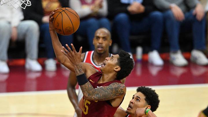 Oct 28, 2026; Cleveland, Ohio, USA; Cleveland Cavaliers guard Meleek Thomas (15) drives to the basket beside Washington Wizards forward Kyshawn George (18) in the fourth quarter at Rocket Arena. Mandatory Credit: David Richard-Imagn Images Oct 28, 2026; Cleveland, Ohio, USA; Cleveland Cavaliers guard Meleek Thomas (15) drives to the basket beside Washington Wizards forward Kyshawn George (18) in the fourth quarter at Rocket Arena. Mandatory Credit: David Richard-Imagn Images