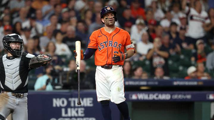 Sep 30, 2026; Houston, Texas, USA; Houston Astros second baseman Jose Altuve (27) reacts to striking out against the Chicago White Sox in the eighth inning during game two of the Wildcard round for the 2026 MLB Playoffs at Daikin Park. Mandatory Credit: Troy Taormina-Imagn Images Sep 30, 2026; Houston, Texas, USA; Houston Astros second baseman Jose Altuve (27) reacts to striking out against the Chicago White Sox in the eighth inning during game two of the Wildcard round for the 2026 MLB Playoffs at Daikin Park. Mandatory Credit: Troy Taormina-Imagn Images