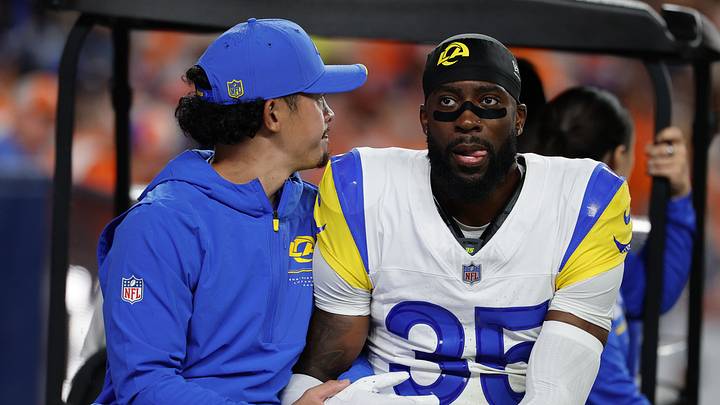 Sep 27, 2026; Denver, Colorado, USA;  Los Angeles Rams cornerback Jaylen Watson (35) is carted off the field during the first half against the Denver Broncos at Empower Field at Mile High.  Mandatory Credit: Isaiah J. Downing-Imagn Images