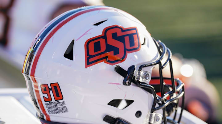 Nov 5, 2022; Lawrence, Kansas, USA; A general view of a Oklahoma State Cowboys helmet against the Kansas Jayhawks during the second half of the game at David Booth Kansas Memorial Stadium. Mandatory Credit: Denny Medley-Imagn Images