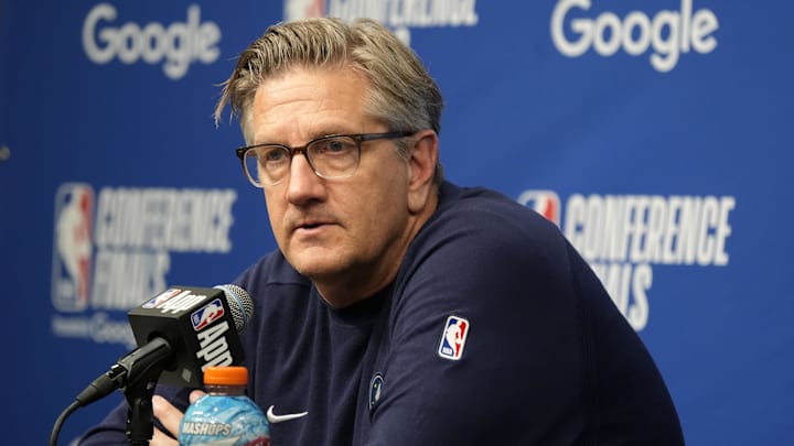 May 24, 2025; Minneapolis, Minnesota, USA; Minnesota Timberwolves head coach Chris Finch talks to the media after the game against the Oklahoma City Thunder after game three of the western conference finals for the 2025 NBA Playoffs at Target Center. Mandatory Credit: Bruce Kluckhohn-Imagn Images May 24, 2025; Minneapolis, Minnesota, USA; Minnesota Timberwolves head coach Chris Finch talks to the media after the game against the Oklahoma City Thunder after game three of the western conference finals for the 2025 NBA Playoffs at Target Center. Mandatory Credit: Bruce Kluckhohn-Imagn Images
