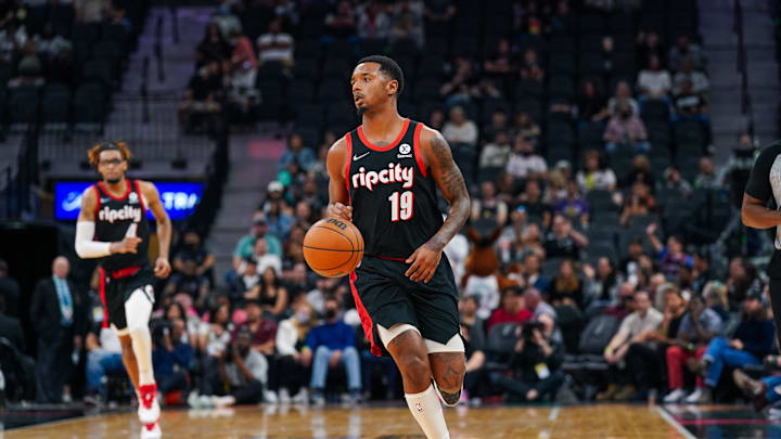 Apr 1, 2022; San Antonio, Texas, USA; Portland Trail Blazers forward Elijah Hughes (19) dribbles in the second half against the San Antonio Spurs at the AT&T Center. Mandatory Credit: Daniel Dunn-Imagn Images Apr 1, 2022; San Antonio, Texas, USA; Portland Trail Blazers forward Elijah Hughes (19) dribbles in the second half against the San Antonio Spurs at the AT&T Center. Mandatory Credit: Daniel Dunn-Imagn Images