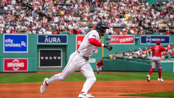 Boston Red Sox outfielder Jarren Duran (16) rounds third base to score against the Los Angeles Angels in the first inning at Fenway Park on June 4. Boston Red Sox outfielder Jarren Duran (16) rounds third base to score against the Los Angeles Angels in the first inning at Fenway Park on June 4.