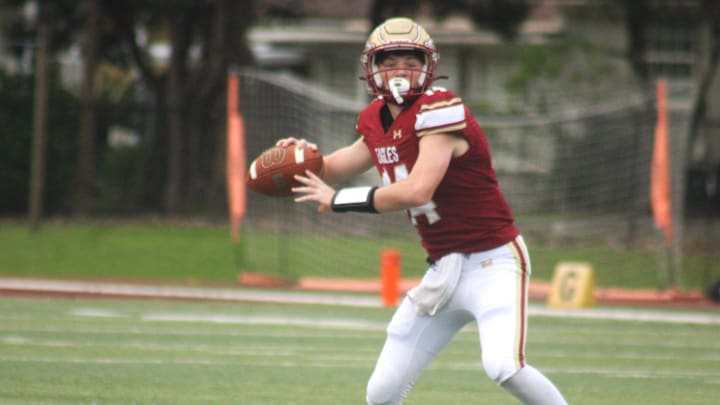 Episcopal quarterback Turner Glenn drops back to pass against Zarephath Academy during a high school football game on September 3, 2024. [Clayton Freeman/Florida Times-Union]