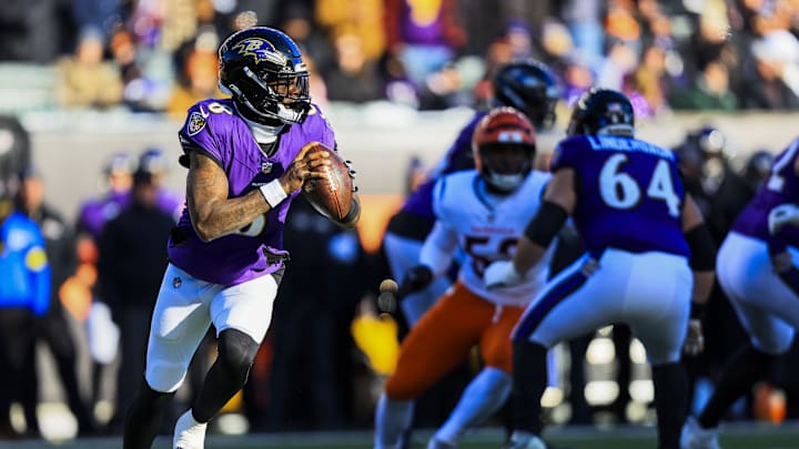 Dec 14, 2025; Cincinnati, Ohio, USA; Baltimore Ravens quarterback Lamar Jackson (8) runs with the ball against the Cincinnati Bengals in the first half at Paycor Stadium. Mandatory Credit: Katie Stratman-Imagn Images
Dec 14, 2025; Cincinnati, Ohio, USA; Baltimore Ravens quarterback Lamar Jackson (8) runs with the ball against the Cincinnati Bengals in the first half at Paycor Stadium. Mandatory Credit: Katie Stratman-Imagn Images