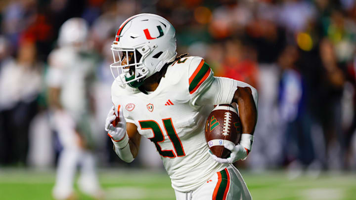 Oct 14, 2023; Chapel Hill, North Carolina, USA; Miami Hurricanes running back Henry Parrish Jr. (21)