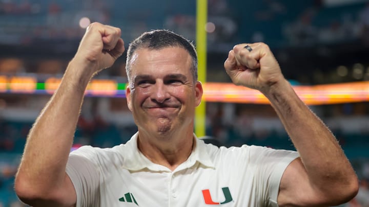 Sep 20, 2025; Miami Gardens, Florida, USA; Miami Hurricanes head coach Mario Cristobal reacts after the game against the Florida Gators at Hard Rock Stadium. Mandatory Credit: Sam Navarro-Imagn Images