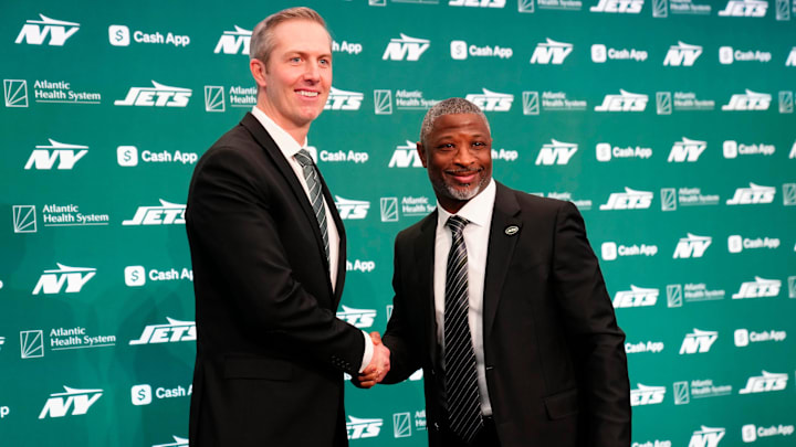 NY Jets general manager Darren Mougey and head coach Aaron Glenn