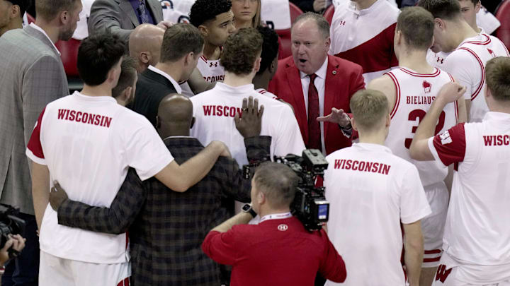 Wisconsin head coach Greg Gard talks to his team during the first half of their game against Rutgers Saturday, January 17, 2026 at the Kohl Center in Madison, Wisconsin.