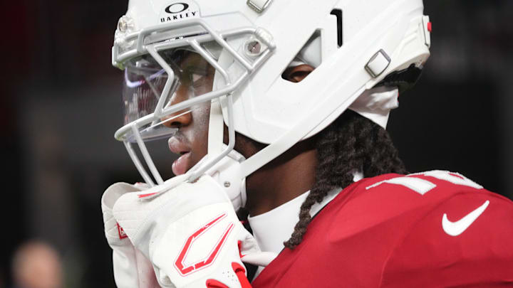 Arizona Cardinals receiver Marvin Harrison Jr. (18) takes the field before their game against the Las Vegas Raiders at State Farm Stadium in Glendale, on Aug. 23, 2025.