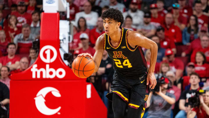 Feb 25, 2024; Lincoln, Nebraska, USA; Minnesota Golden Gophers guard Cam Christie (24) dribbles the ball against the Nebraska Cornhuskers during the second half at Pinnacle Bank Arena. Mandatory Credit: Dylan Widger-USA TODAY Sports