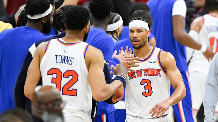 New York Knicks forward Josh Hart (3) high-fives teammates after defeating the Cleveland Cavaliers in game three of the Eastern Conference Finals for the 2026 NBA playoffs at Rocket Arena.