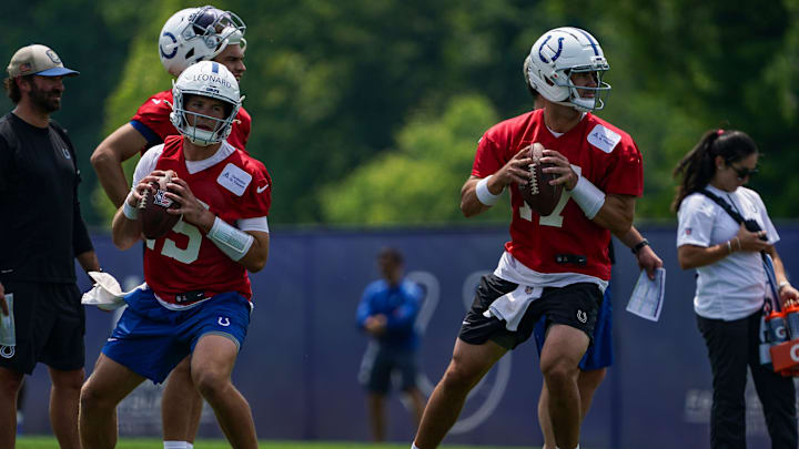 Indianapolis Colts quarterback Daniel Jones (17) searches to pass the ball with Indianapolis Colts quarterback Riley Leonard (15) on Tuesday, June 10, 2025, during NFL Colts mandatory mini camp at the Indiana Farm Bureau Football Center in Indianapolis.