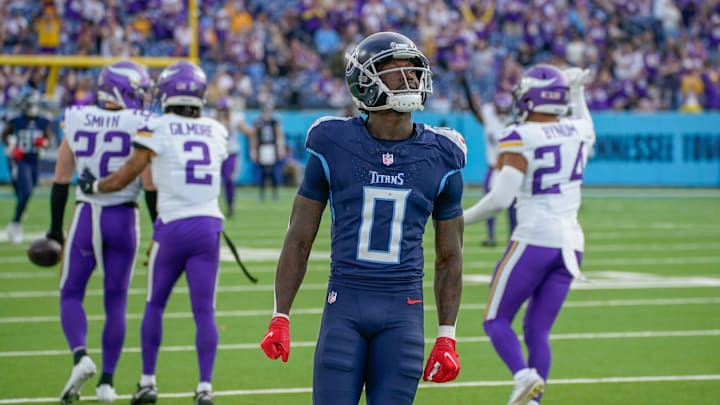 Tennessee Titans wide receiver Calvin Ridley (0) reacts after Minnesota Vikings safety Harrison Smith (22) intercepted a pass intended for him late in the fourth quarter at Nissan Stadium in Nashville, Tenn., Sunday, Nov. 17, 2024.