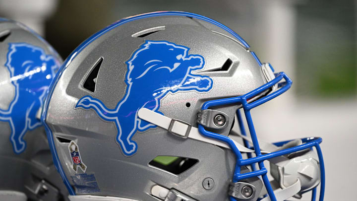 Nov 16, 2025; Philadelphia, Pennsylvania, USA;  A Detroit Lions helmet on the sidelines against the Philadelphia Eagles at Lincoln Financial Field. Mandatory Credit: Eric Hartline-Imagn Images