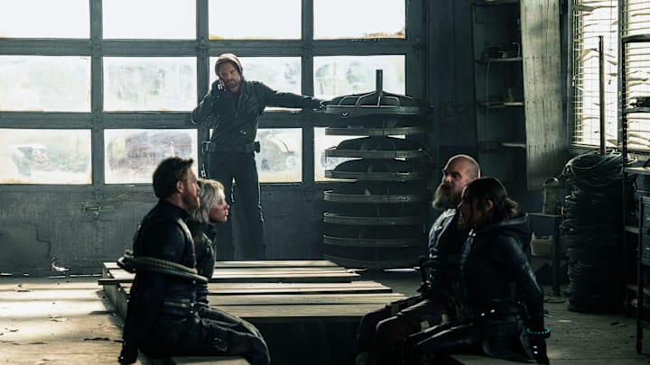(L-R) John Walker (Wyatt Russell), Yelena Belova (Florence Pugh), Bucky Barnes (Sebastian Stan), Alexei Shostakov / Red Guardian (David Harbour), and Ghost (Hannah John-Kamen) in Marvel Studios' THUNDERBOLTS*. Photo by Chuck Zlotnick. © 2025 MARVEL.