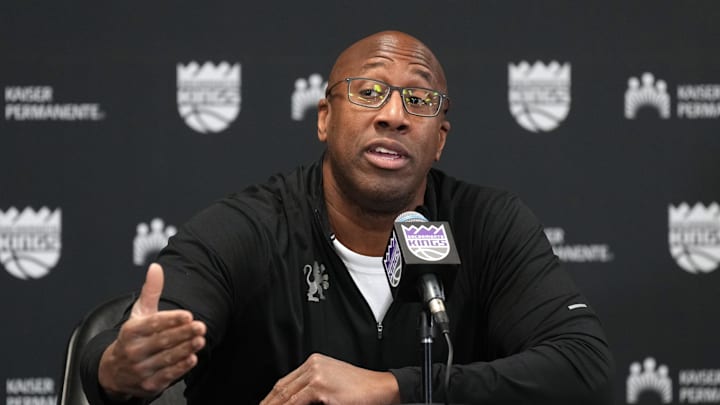 Sacramento Kings head coach Mike Brown talks to media members before the game against the Utah Jazz at Golden 1 Center. Mandatory Credit: Darren Yamashita-Imagn Images