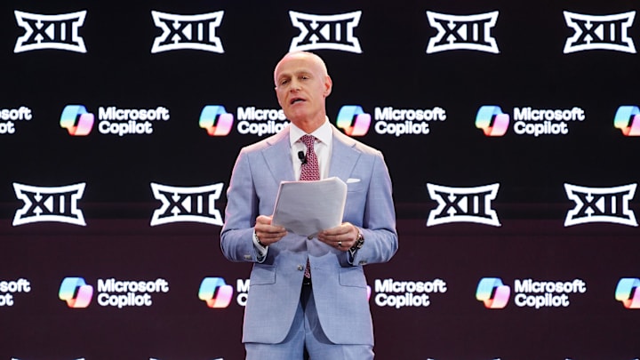 Jul 8, 2025; Frisco, TX, USA; Big 12 Commissioner Brett Yormark addresses the media during the 2025 Big 12 Football Media Days at The Star. Mandatory Credit: Raymond Carlin III-Imagn Images