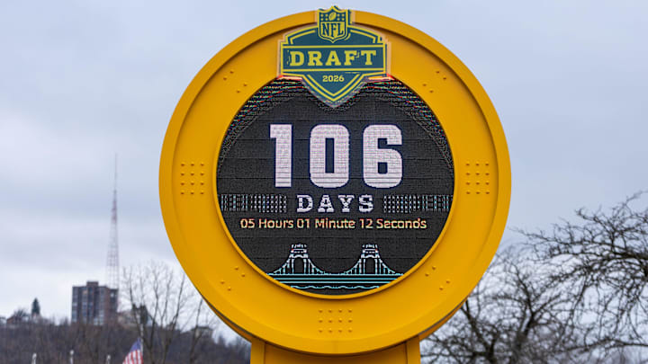 Janurary 7, 2026; The NFL Draft Clock sits across the street from the Pittsburgh Steelers' Acrisure Stadium.