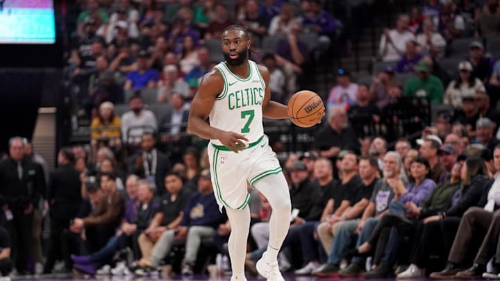 Mar 24, 2025; Sacramento, California, USA; Boston Celtics forward Jaylen Brown (7) dribbles the ball against the Sacramento Kings in the first quarter at the Golden 1 Center. Mandatory Credit: Cary Edmondson-Imagn Images
