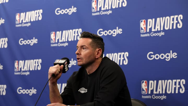 Apr 22, 2025; Los Angeles, California, USA; Los Angeles Lakers head coach JJ Redick speaks to media before a game two of first round for the 2024 NBA Playoffs against the Minnesota Timberwolves at Crypto.com Arena. Mandatory Credit: Kiyoshi Mio-Imagn Images