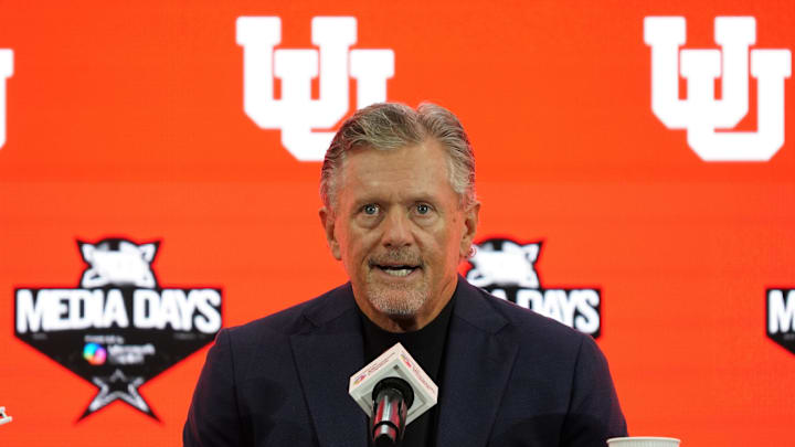 Jul 9, 2025; Frisco, TX, USA; Utah head coach Kyle Whittingham speaks with the media during 2025 Big 12 Football Media Days at The Star. Mandatory Credit: Raymond Carlin III-Imagn Images