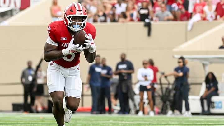 Sep 12, 2026; Bloomington, Indiana, USA; Indiana Hoosiers linebacker Rolijah Hardy (5) intercepts a pass against the Howard Bison during the first half at Merchants Bank Field at Memorial Stadium. Mandatory Credit: Robert Goddin-Imagn Images
