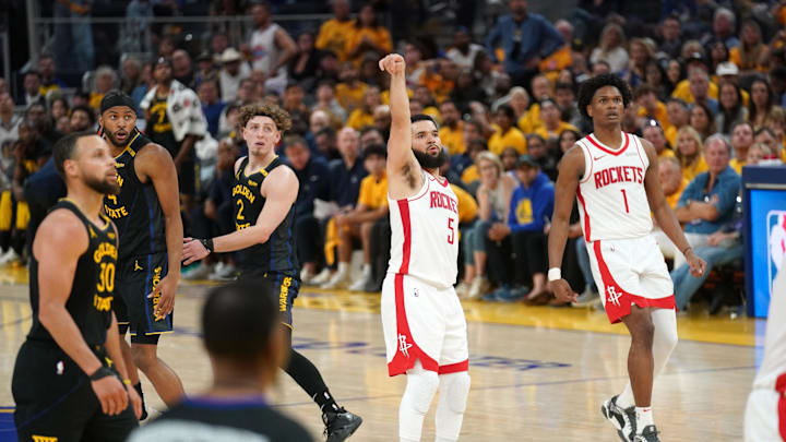 May 2, 2025; San Francisco, California, USA; Houston Rockets guard Fred VanVleet (5) reacts after making a three-point basket against the Golden State Warriors in the fourth quarter of game six of the first round for the 2025 NBA Playoffs at Chase Center. Mandatory Credit: Cary Edmondson-Imagn Images May 2, 2025; San Francisco, California, USA; Houston Rockets guard Fred VanVleet (5) reacts after making a three-point basket against the Golden State Warriors in the fourth quarter of game six of the first round for the 2025 NBA Playoffs at Chase Center. Mandatory Credit: Cary Edmondson-Imagn Images