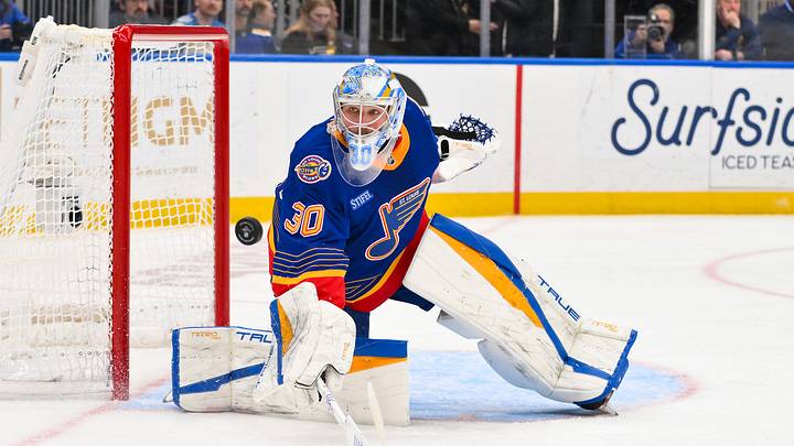 Mar 10, 2026; St. Louis, Missouri, USA; St. Louis Blues goaltender Joel Hofer (30) deflects the puck during the third period against the New York Islanders at Enterprise Center. Mandatory Credit: Jeff Curry-Imagn Images Mar 10, 2026; St. Louis, Missouri, USA; St. Louis Blues goaltender Joel Hofer (30) deflects the puck during the third period against the New York Islanders at Enterprise Center. Mandatory Credit: Jeff Curry-Imagn Images