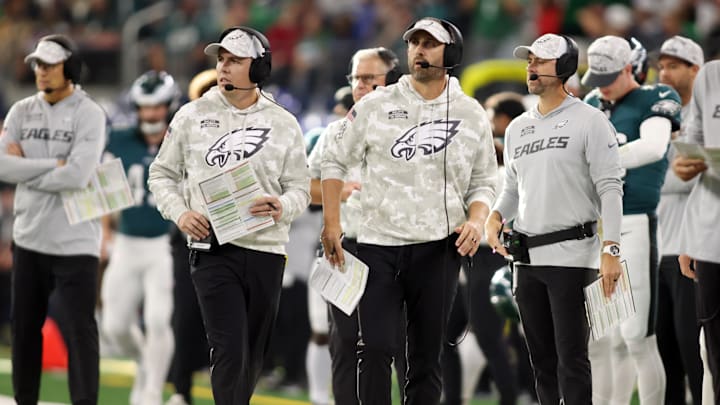 Nov 10, 2024; Arlington, Texas, USA; Philadelphia Eagles offensive coordinator Kellen Moore and head coach Nick Sirianni watch a play in the game against the Dallas Cowboys at AT&T Stadium. Mandatory Credit: Tim Heitman-Imagn Images