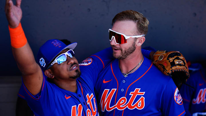 Mar 2, 2023; Port St. Lucie, Florida, USA; New York Mets third baseman Eduardo Escobar (10) and 