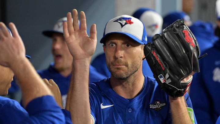 Oct 27, 2025; Los Angeles, California, USA; Toronto Blue Jays pitcher Max Scherzer (31) reacts in the dugout after being relieved in the fifth inning against the Los Angeles Dodgers during game three of the 2025 MLB World Series at Dodger Stadium. Mandatory Credit: Jayne Kamin-Oncea-Imagn Images Oct 27, 2025; Los Angeles, California, USA; Toronto Blue Jays pitcher Max Scherzer (31) reacts in the dugout after being relieved in the fifth inning against the Los Angeles Dodgers during game three of the 2025 MLB World Series at Dodger Stadium. Mandatory Credit: Jayne Kamin-Oncea-Imagn Images