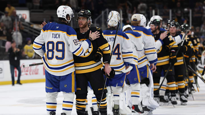 May 1, 2026; Boston, Massachusetts, USA; Boston Bruins right wing David Pastrnak (88) congratulates Buffalo Sabres right wing Alex Tuch (89) after game six of the first round of the 2026 Stanley Cup Playoffs at TD Garden. Mandatory Credit: Winslow Townson-Imagn Images
