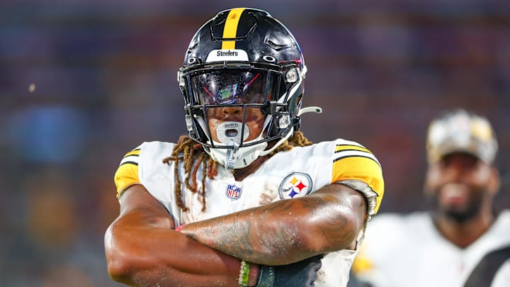 Aug 20, 2022; Jacksonville, Florida, USA;  Pittsburgh Steelers running back Benny Snell Jr. (24) reacts after scoring a touchdown against the Jacksonville Jaguars in the second quarter at TIAA Bank Field. Mandatory Credit: Nathan Ray Seebeck-Imagn Images