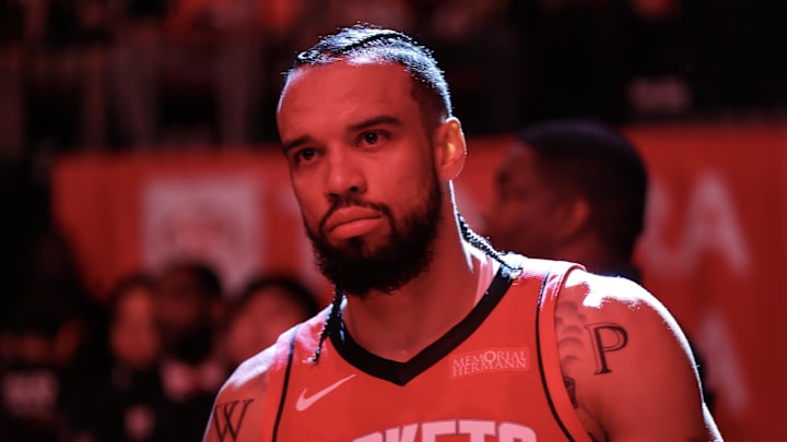 Dec 19, 2024; Houston, Texas, USA; Houston Rockets forward Dillon Brooks (9) waits to be introduced before playing against the New Orleans Pelicans at Toyota Center. Mandatory Credit: Thomas Shea-Imagn Images