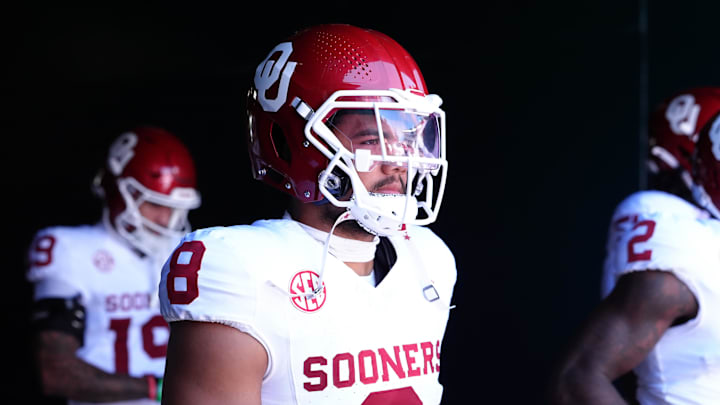 Sep 13, 2025; Philadelphia, Pennsylvania, USA; Oklahoma Sooners running back Taylor Tatum (8) enters the field before the game against the Temple Owls at Lincoln Financial Field. Mandatory Credit: Kyle Ross-Imagn Images