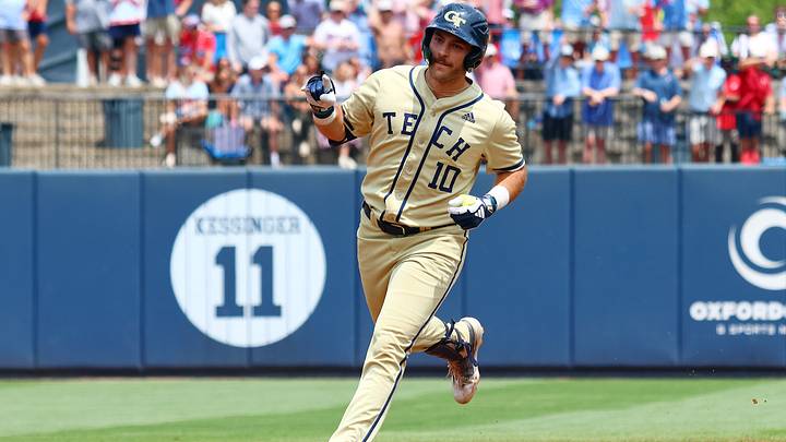 Jun 1, 2025; Oxford, MS, USA; Georgia Tech Yellowjackets firstbase Kent Schmidt (10) reacts as he runs the bases after a home run during the first inning against the Mississippi Rebels. Mandatory Credit: Petre Thomas-Imagn Images