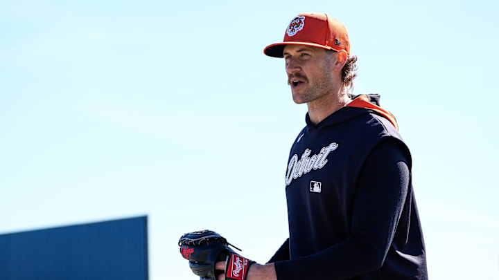 Detroit Tigers pitcher Sawyer Gipson-Long during spring training at TigerTown in Lakeland, Fla. on Friday, Feb. 21, 2025.