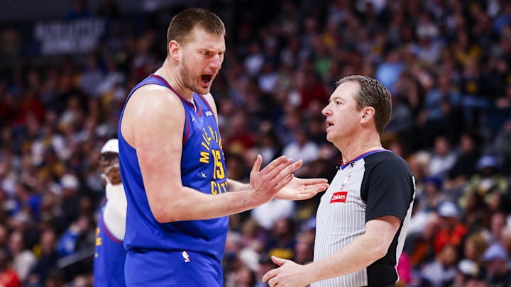 Apr 6, 2024; Denver, Colorado, USA; Denver Nuggets center Nikola Jokic (15) yells at a referee