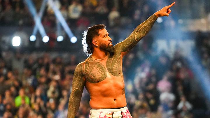 Jey Uso celebrates winning Saturday, Feb. 1, 2025, during the WWE Royal Rumble at Lucas Oil Stadium in Indianapolis. Jey Uso celebrates winning Saturday, Feb. 1, 2025, during the WWE Royal Rumble at Lucas Oil Stadium in Indianapolis.